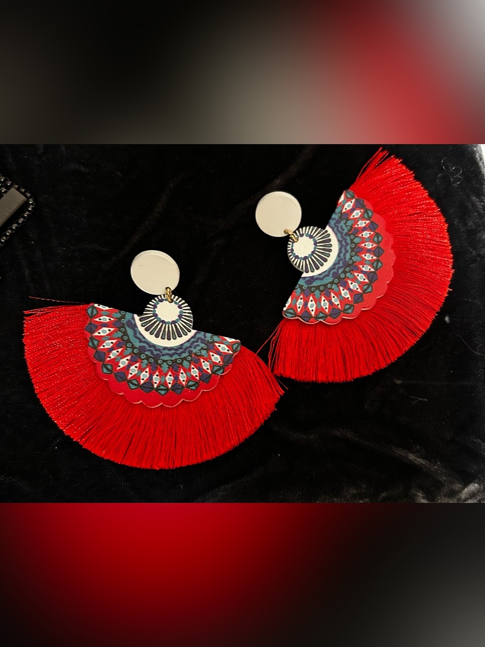 Red Boho Fan Tassel Statement Earrings - Unbranded